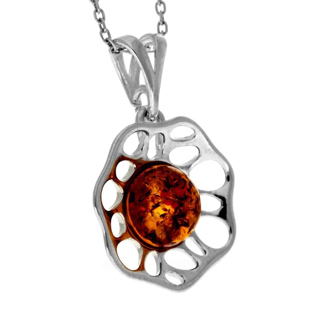 925 Sterling Silver & Genuine Baltic Amber Modern Flower Pendant GL371