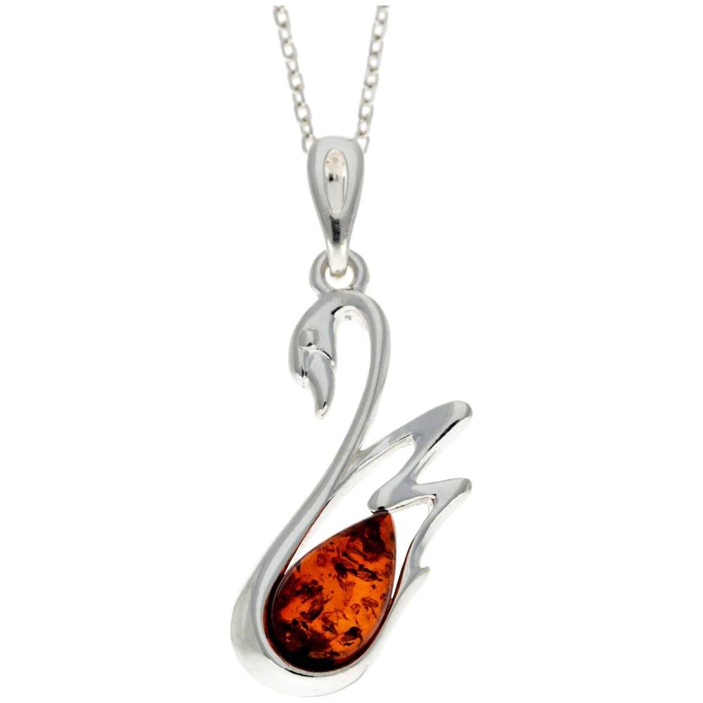 925 Sterling Silver & Genuine Baltic Amber Swan Pendant - GL378