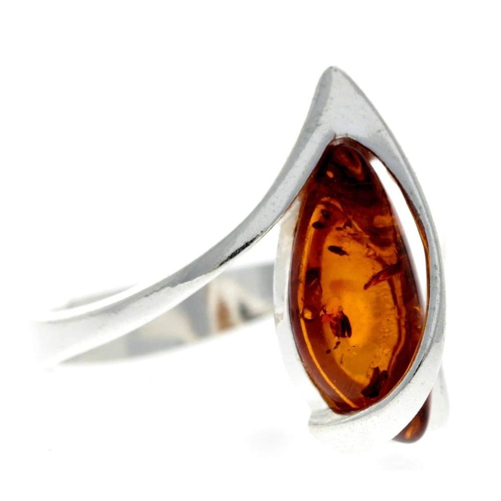 925 Sterling Silver & Genuine Baltic Amber Adjustable Modern Ring - GL402