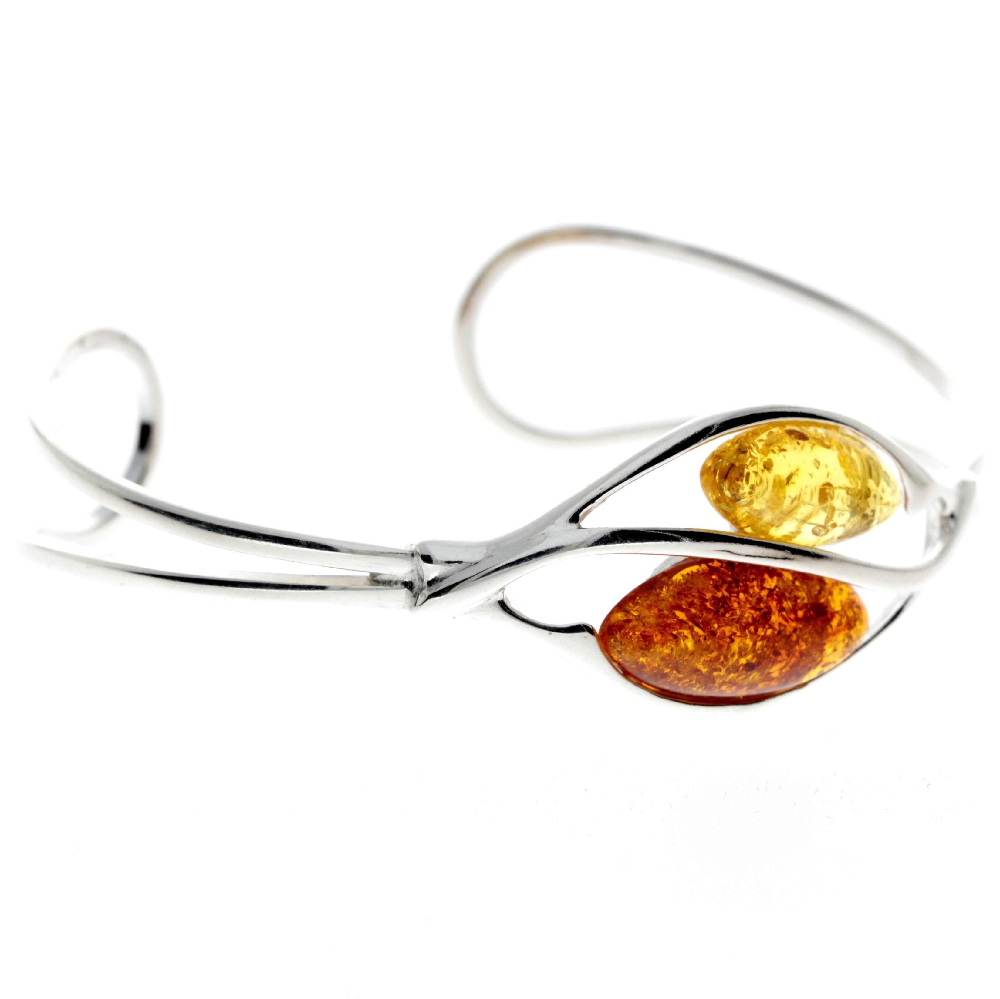 925 Sterling Silver & Baltic Amber Modern 2 Stones Solid Bangle - GL519