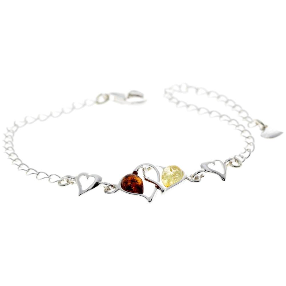925 Sterling Silver & Genuine Baltic Amber Double Hearts Adjustable Bracelet - GL550S
