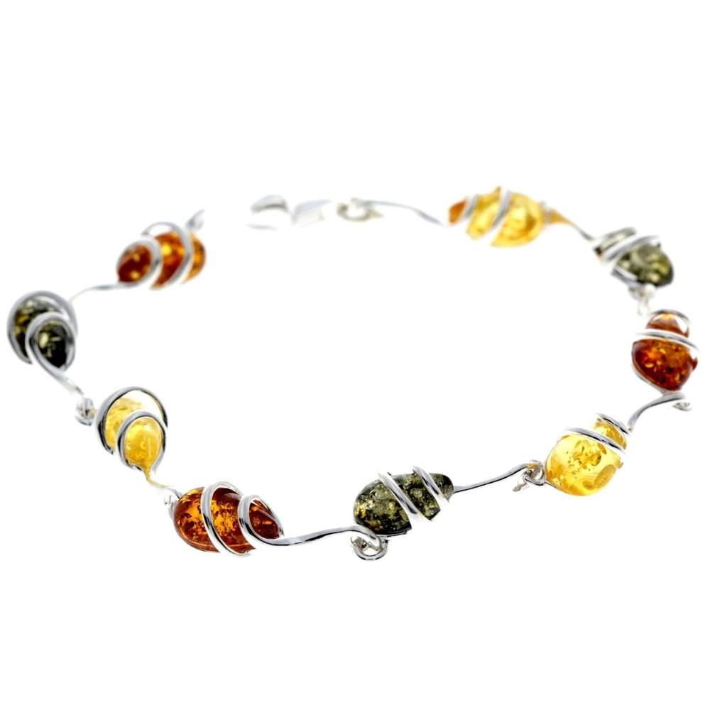 925 Sterling Silver & Genuine Baltic Amber Modern Link Bracelet - GL557