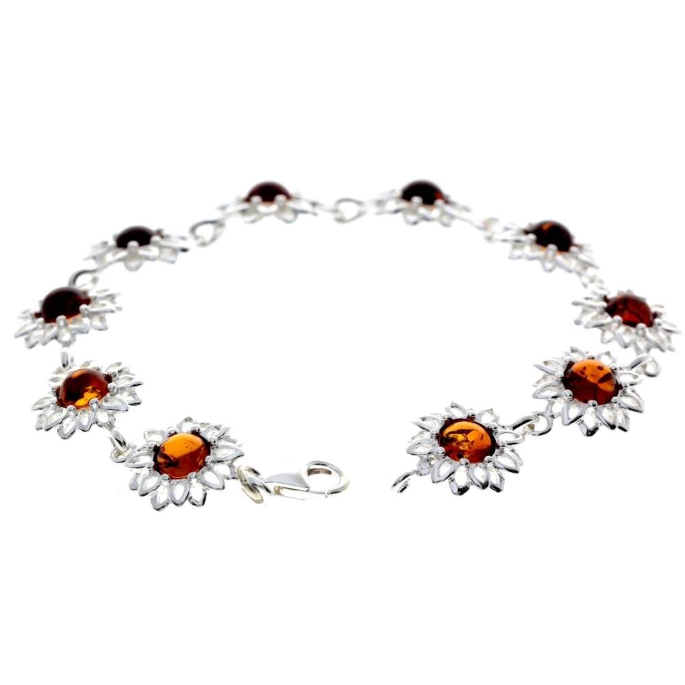 925 Sterling Silver & Genuine Baltic Amber Modern Flowers Link Bracelet - GL558