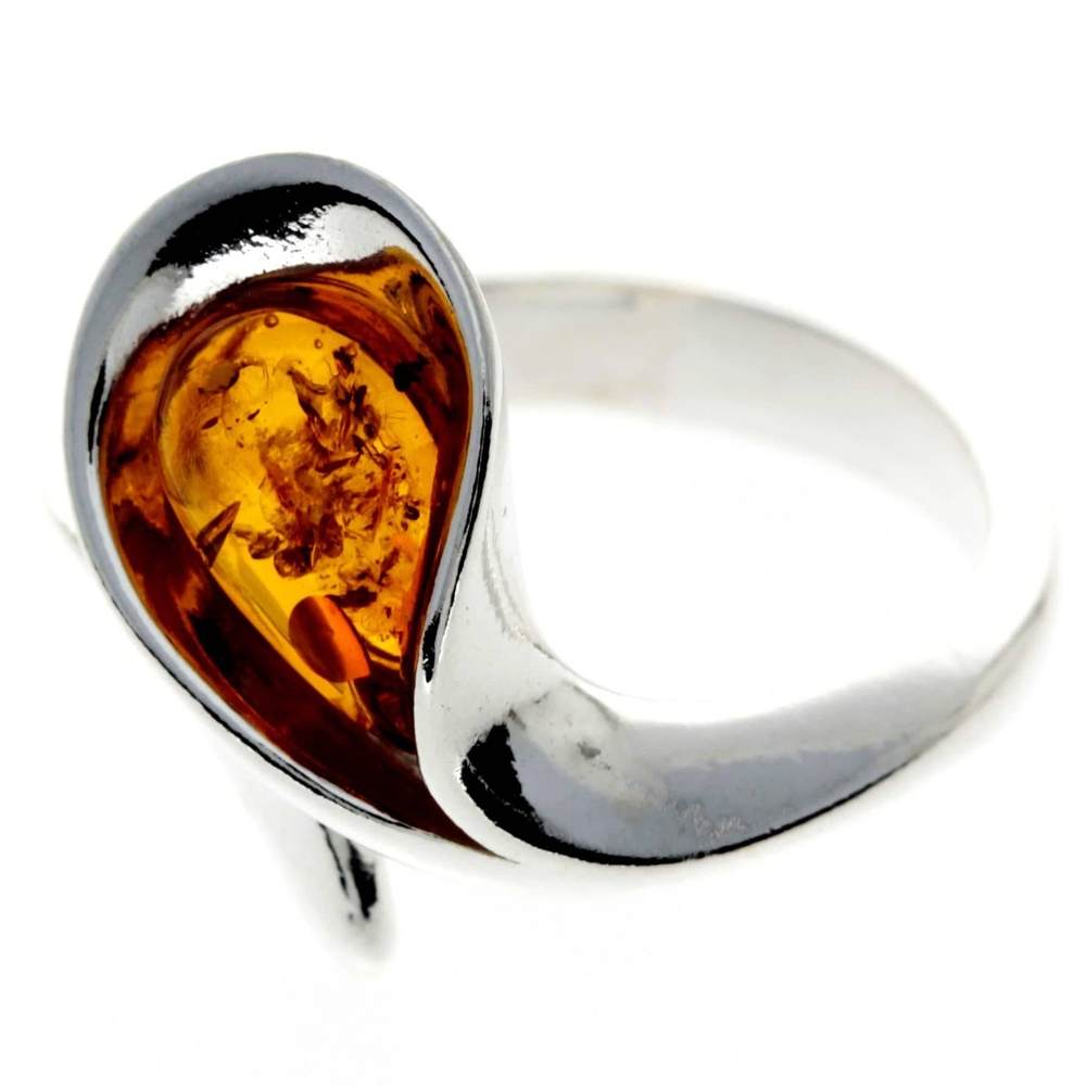 925 Sterling Silver & Genuine Baltic Amber Modern Ring - GL732