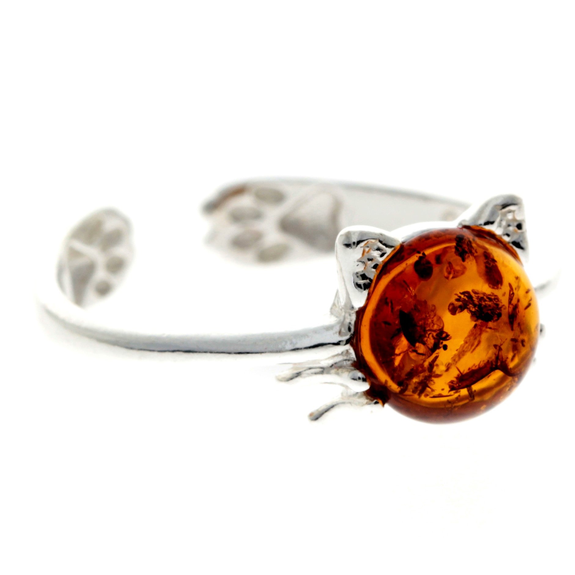 925 Sterling Silver & Genuine Baltic Amber Cat Adjustable Ring - GL739