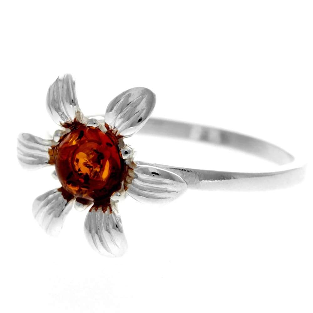 925 Sterling Silver & Genuine Baltic Amber Round Flower Ring - GL744