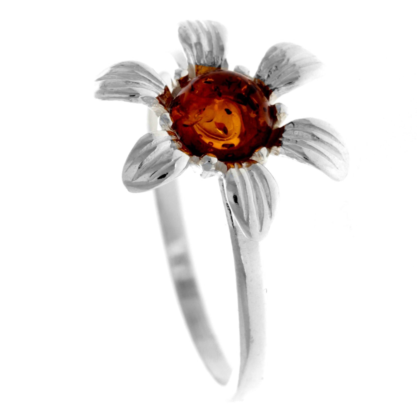 925 Sterling Silver & Genuine Baltic Amber Round Flower Ring - GL744