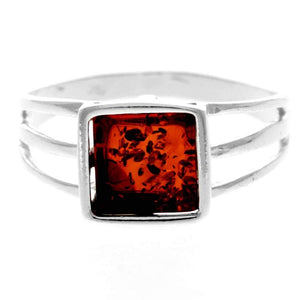 925 Sterling Silver & Genuine Baltic Amber Square Modern Ring - GL746