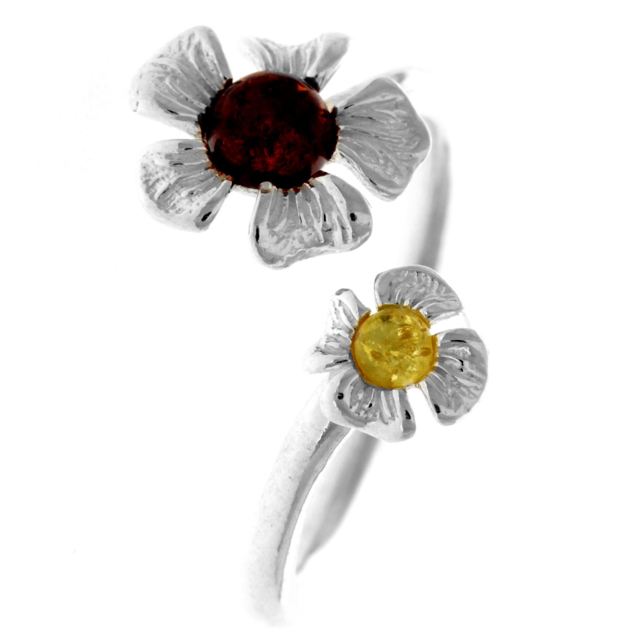 925 Sterling Silver & Genuine Baltic Amber Flowers Adjustable Ring - GL748