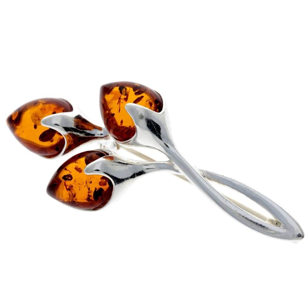 925 Sterling Silver & Baltic Amber 3 Stone Modern Brooch - GL803