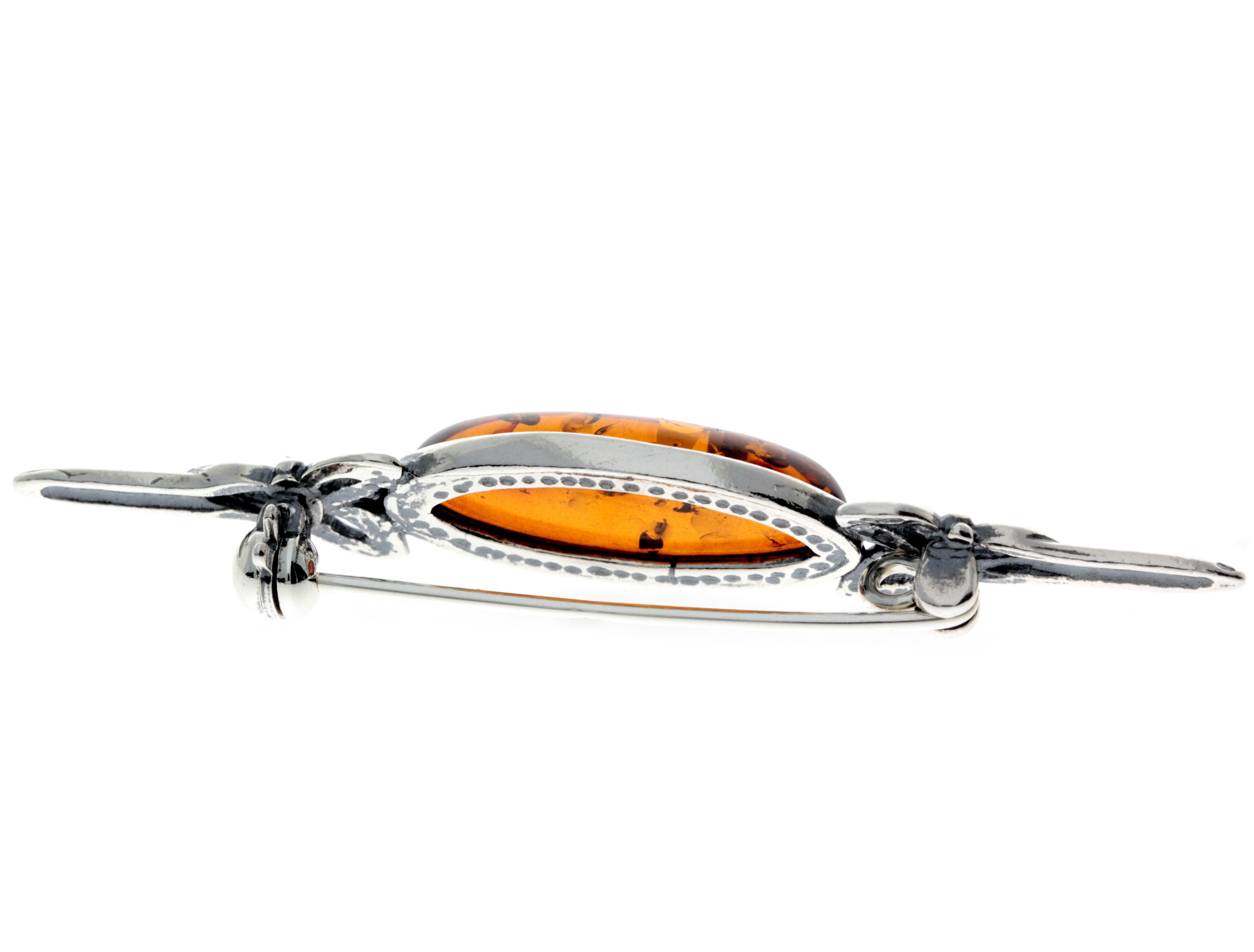 925 Sterling Silver & Genuine Baltic Amber Classic Celtic Brooch - GL804