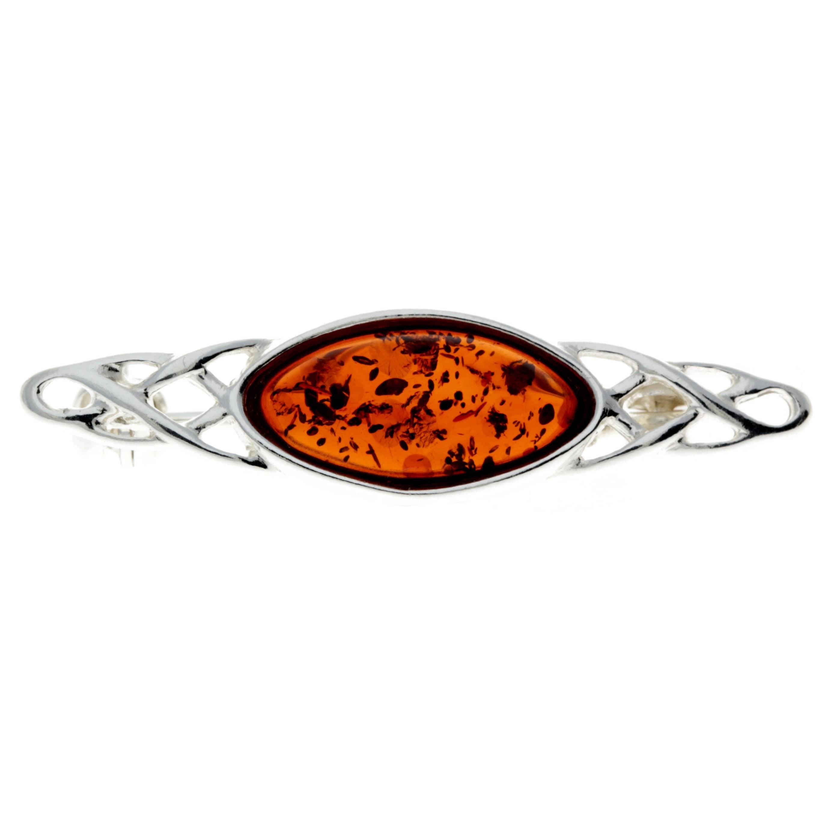 925 Sterling Silver & Genuine Baltic Amber Classic Celtic Brooch - GL808