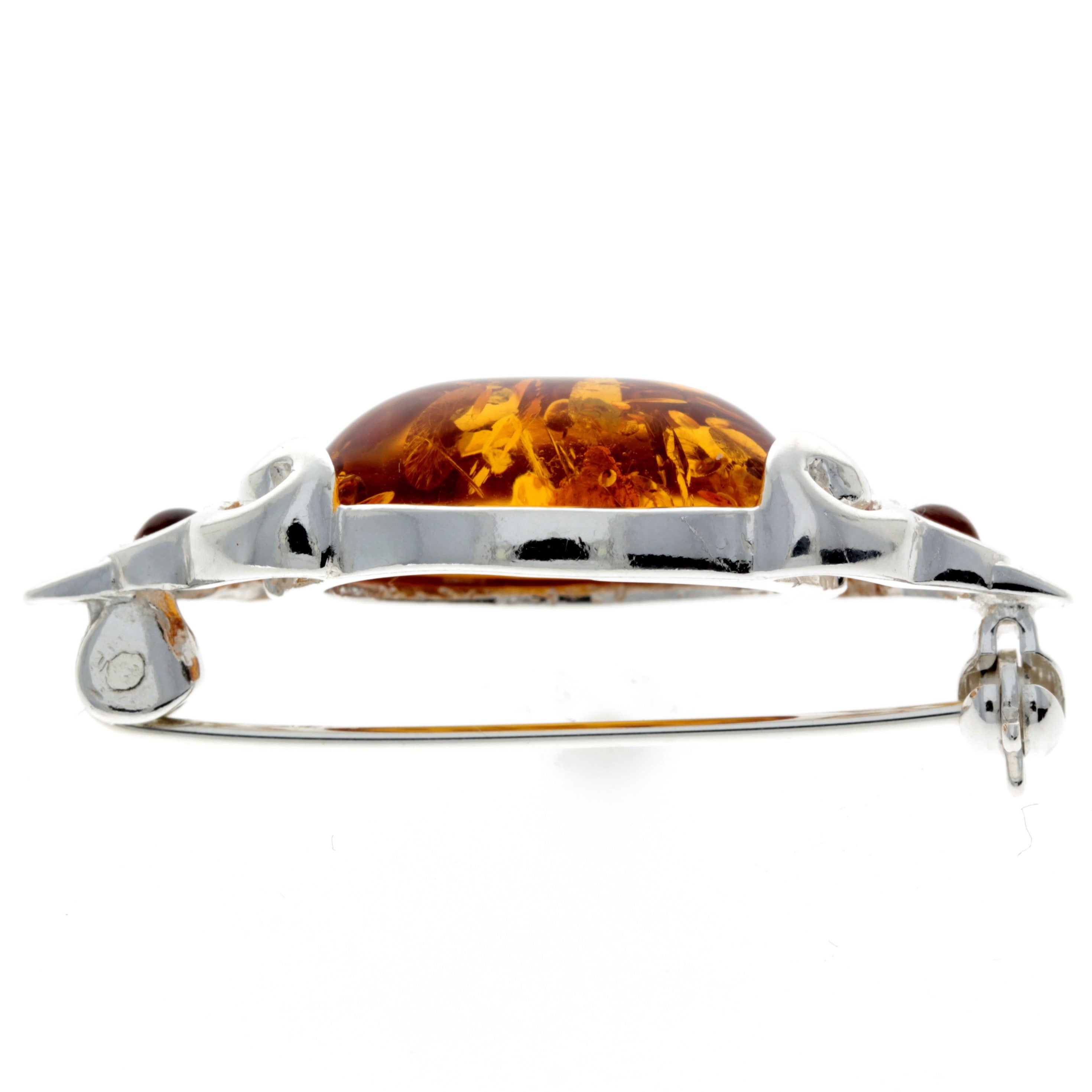 925 Sterling Silver & Genuine Baltic Amber 3 Stones Classic Brooch - GL815