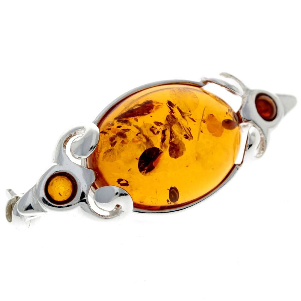 925 Sterling Silver & Genuine Baltic Amber 3 Stones Classic Brooch - GL815