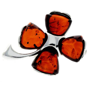 925 Sterling Silver & Genuine Baltic Amber Lucky Clover Brooch - GL819