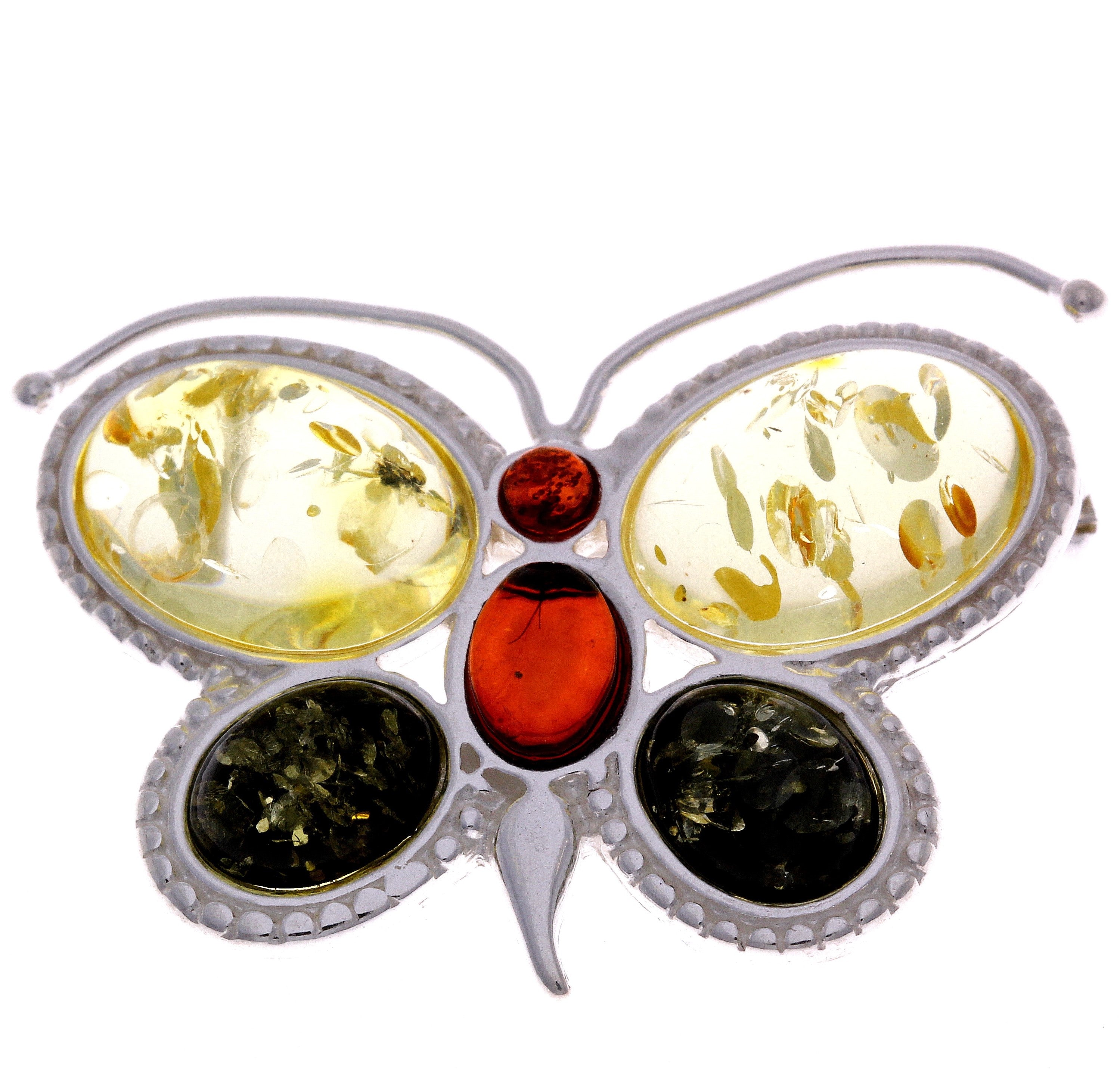 925 Sterling Silver & Genuine Baltic Amber Large Butterfly Brooch - GL820