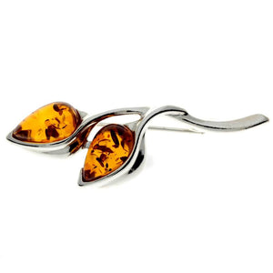 925 Sterling Silver & Genuine Baltic Amber 2 Teardrop Stones Classic Brooch - GL821