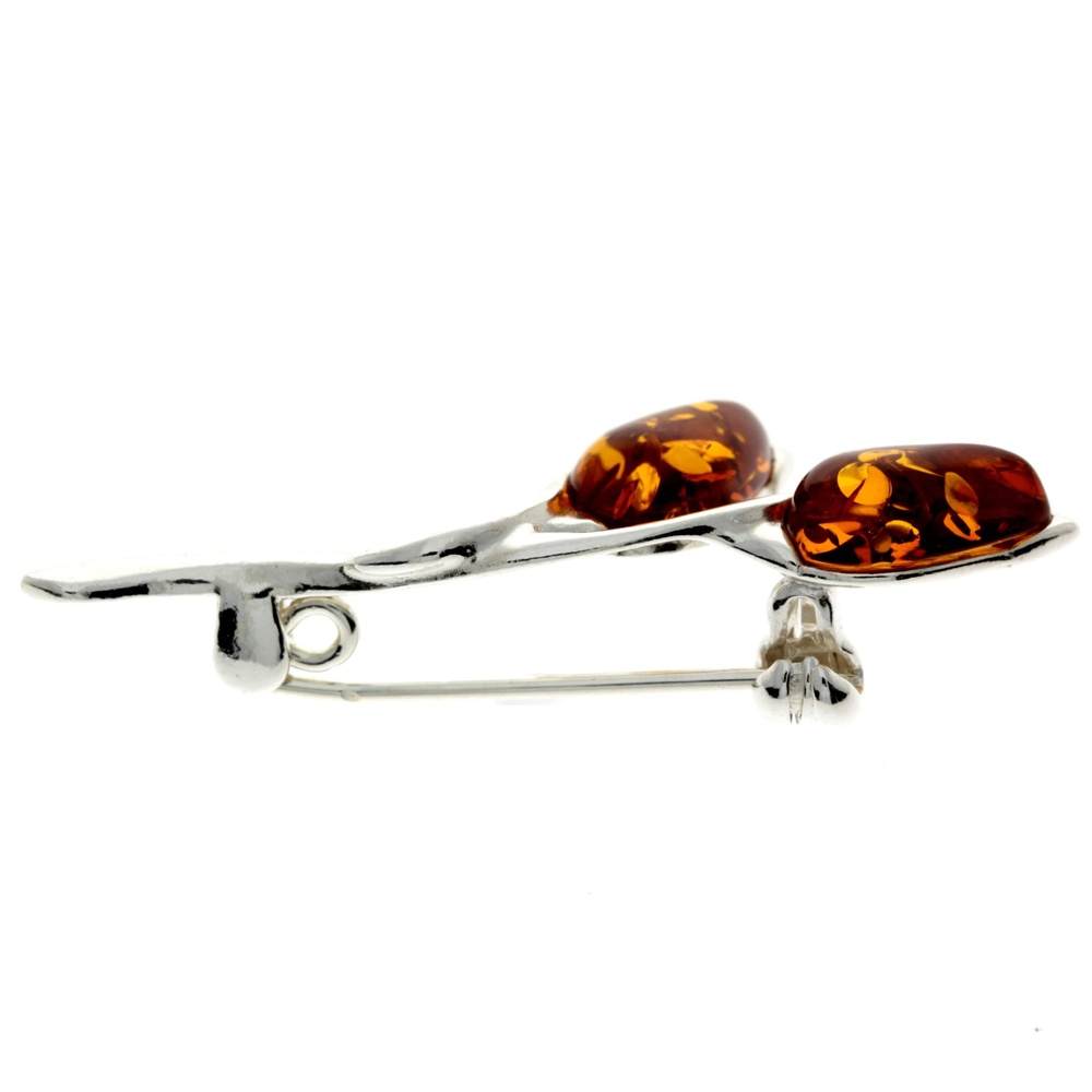 925 Sterling Silver & Genuine Baltic Amber 2 Teardrop Stones Classic Brooch - GL821