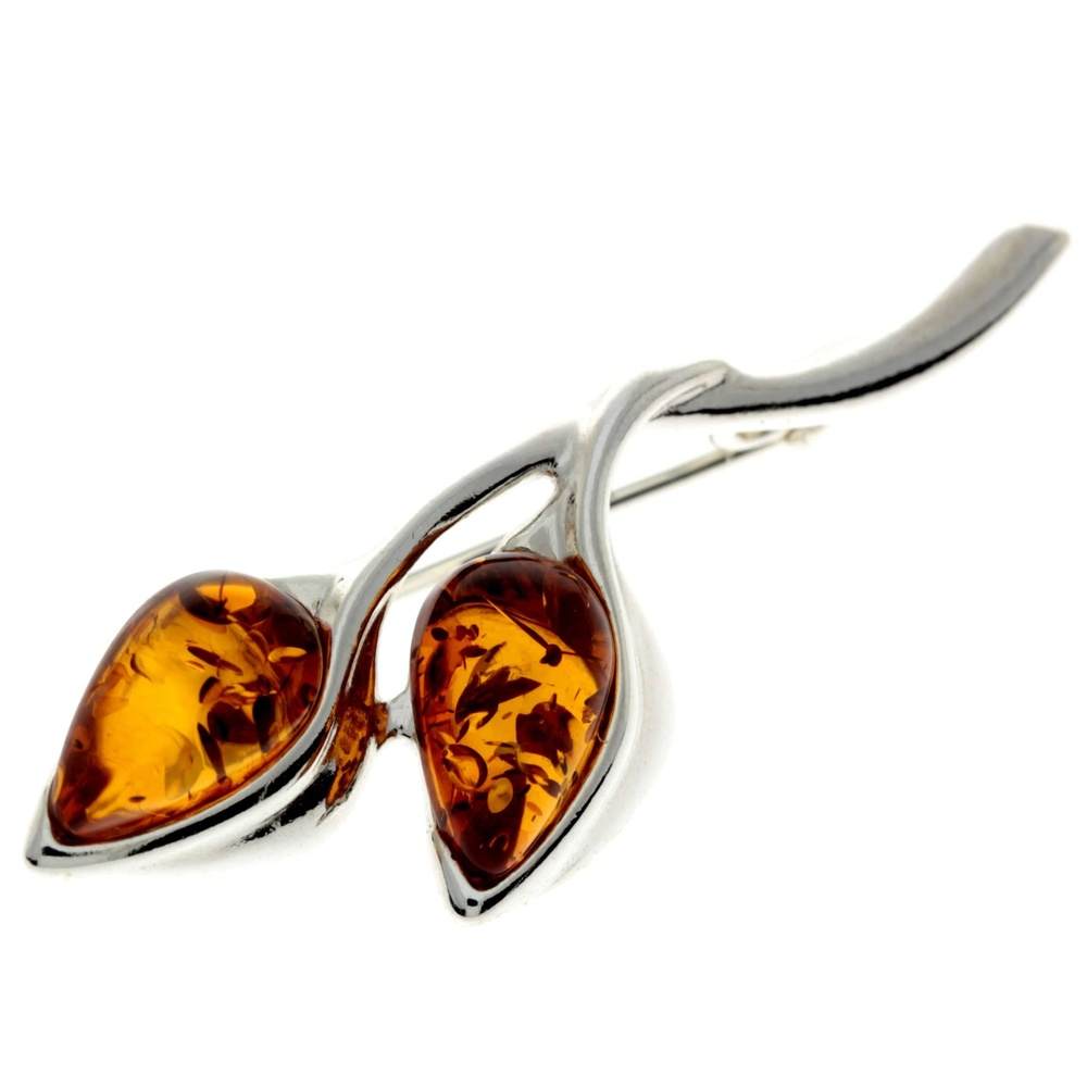 925 Sterling Silver & Genuine Baltic Amber 2 Teardrop Stones Classic Brooch - GL821