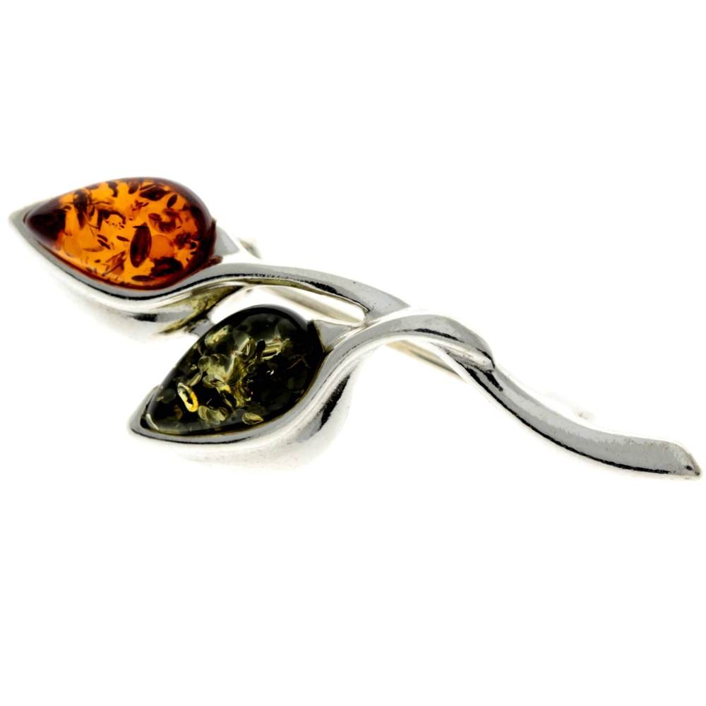 925 Sterling Silver & Genuine Baltic Amber 2 Teardrop Stones Classic Brooch - GL821