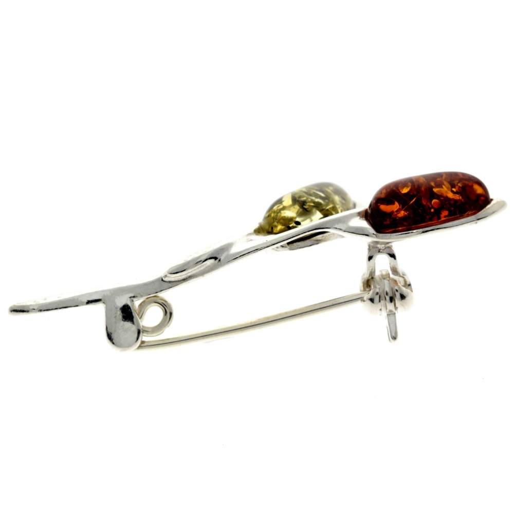 925 Sterling Silver & Genuine Baltic Amber 2 Teardrop Stones Classic Brooch - GL821