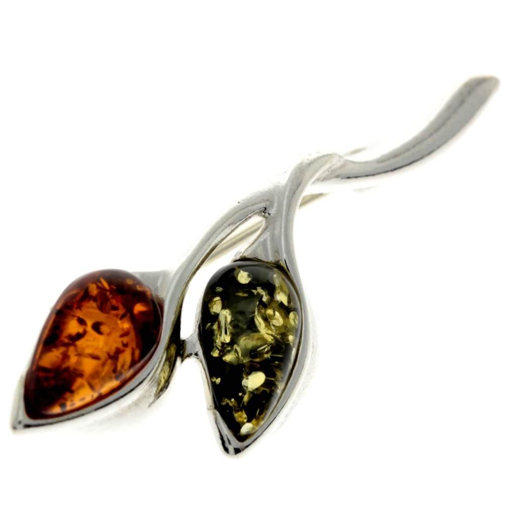 925 Sterling Silver & Genuine Baltic Amber 2 Teardrop Stones Classic Brooch - GL821