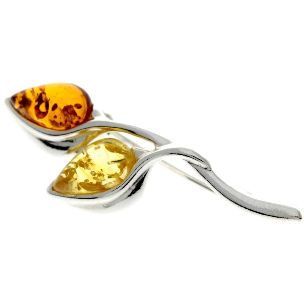 925 Sterling Silver & Genuine Baltic Amber 2 Teardrop Stones Classic Brooch - GL821