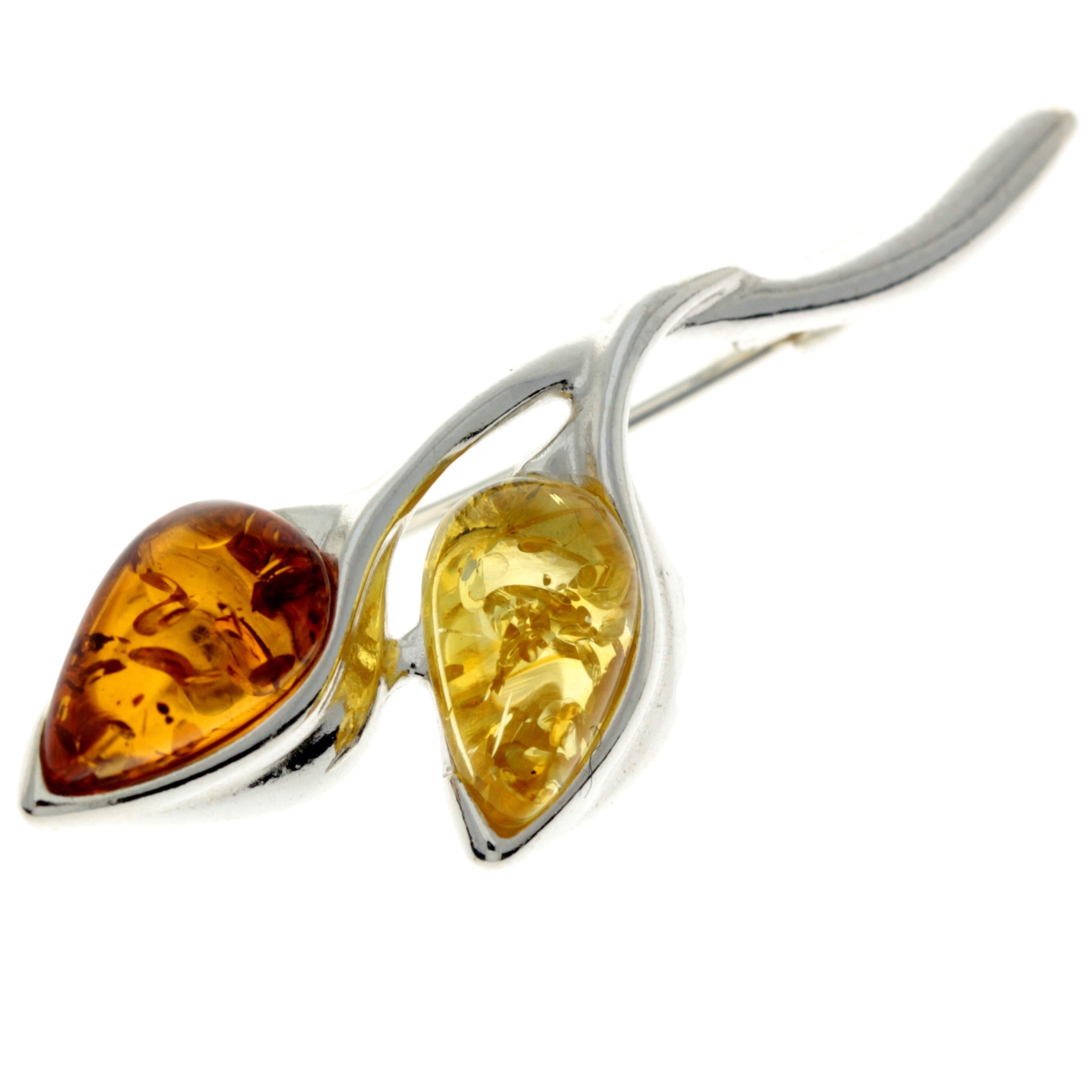 925 Sterling Silver & Genuine Baltic Amber 2 Teardrop Stones Classic Brooch - GL821