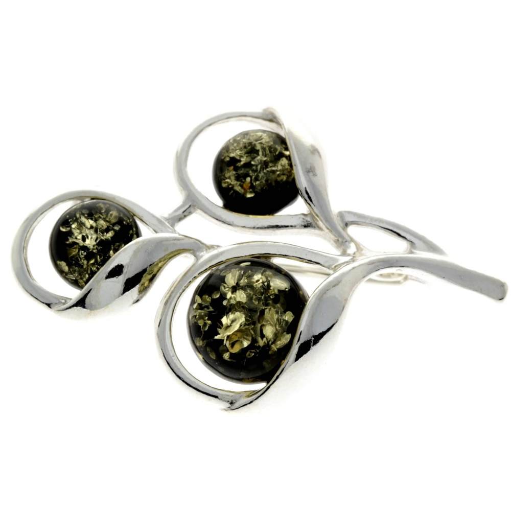 925 Sterling Silver & Genuine Baltic Amber 3 Stones Modern Brooch - GL822