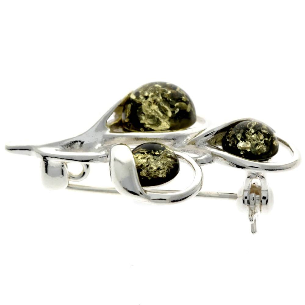 925 Sterling Silver & Genuine Baltic Amber 3 Stones Modern Brooch - GL822