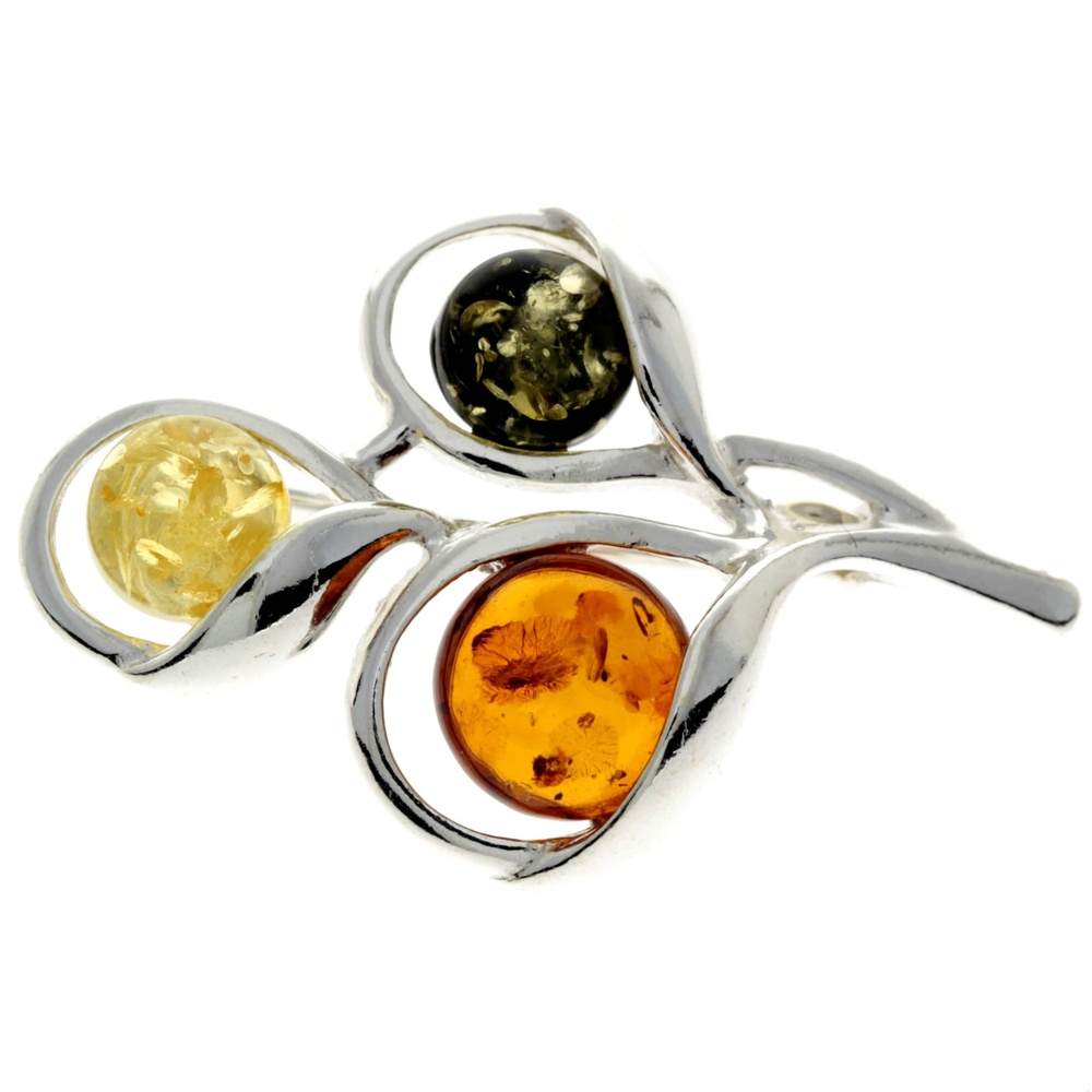 925 Sterling Silver & Genuine Baltic Amber 3 Stones Modern Brooch - GL822