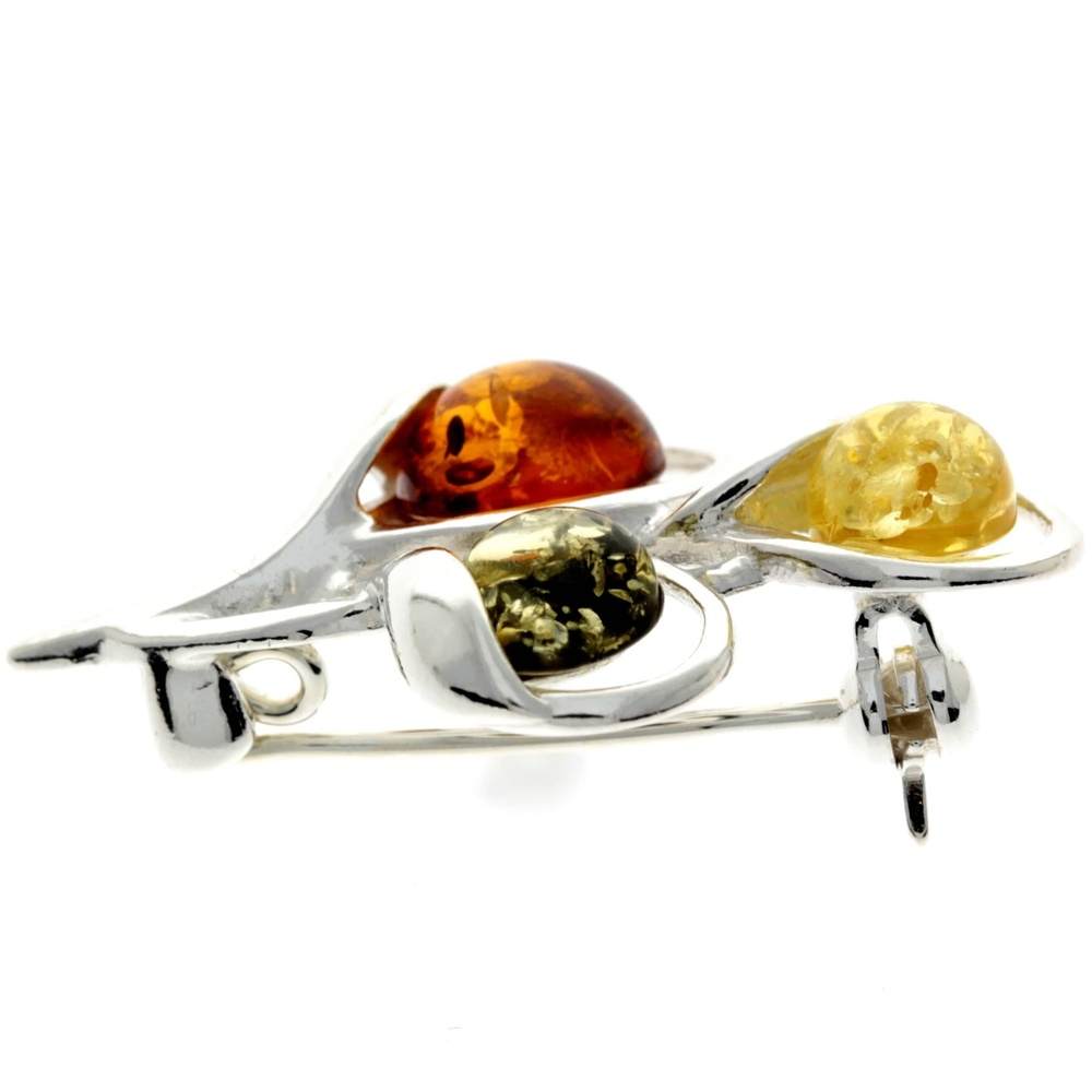 925 Sterling Silver & Genuine Baltic Amber 3 Stones Modern Brooch - GL822