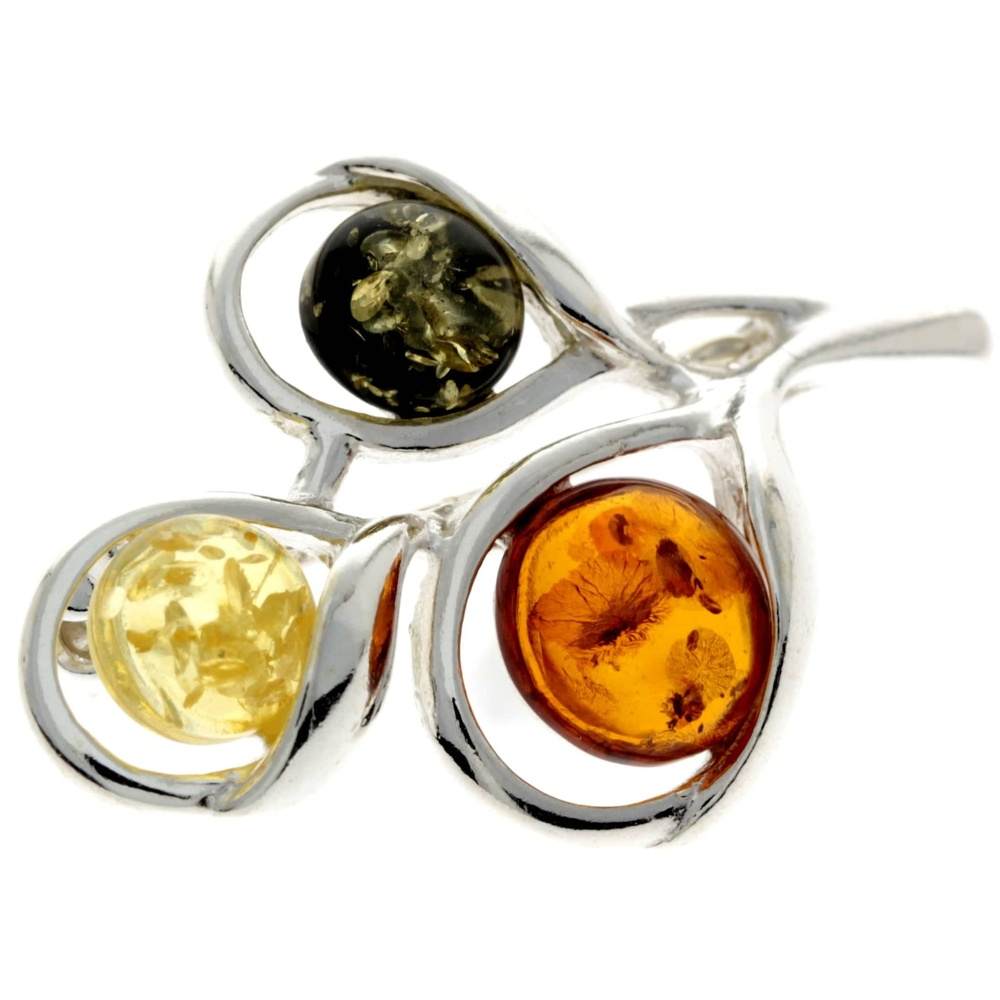 925 Sterling Silver & Genuine Baltic Amber 3 Stones Modern Brooch - GL822