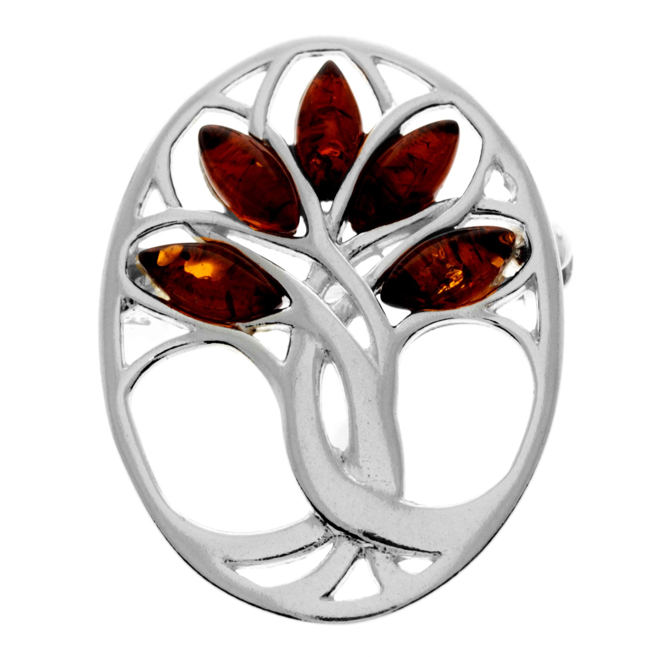 925 Sterling Silver & Genuine Baltic Amber Tree of Life Brooch - GL824