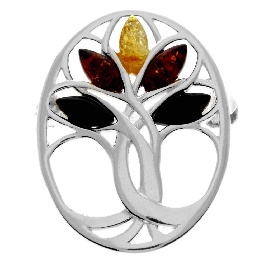 925 Sterling Silver & Genuine Baltic Amber Tree of Life Brooch - GL824