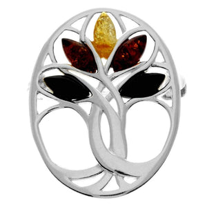 925 Sterling Silver & Genuine Baltic Amber Tree of Life Brooch - GL824