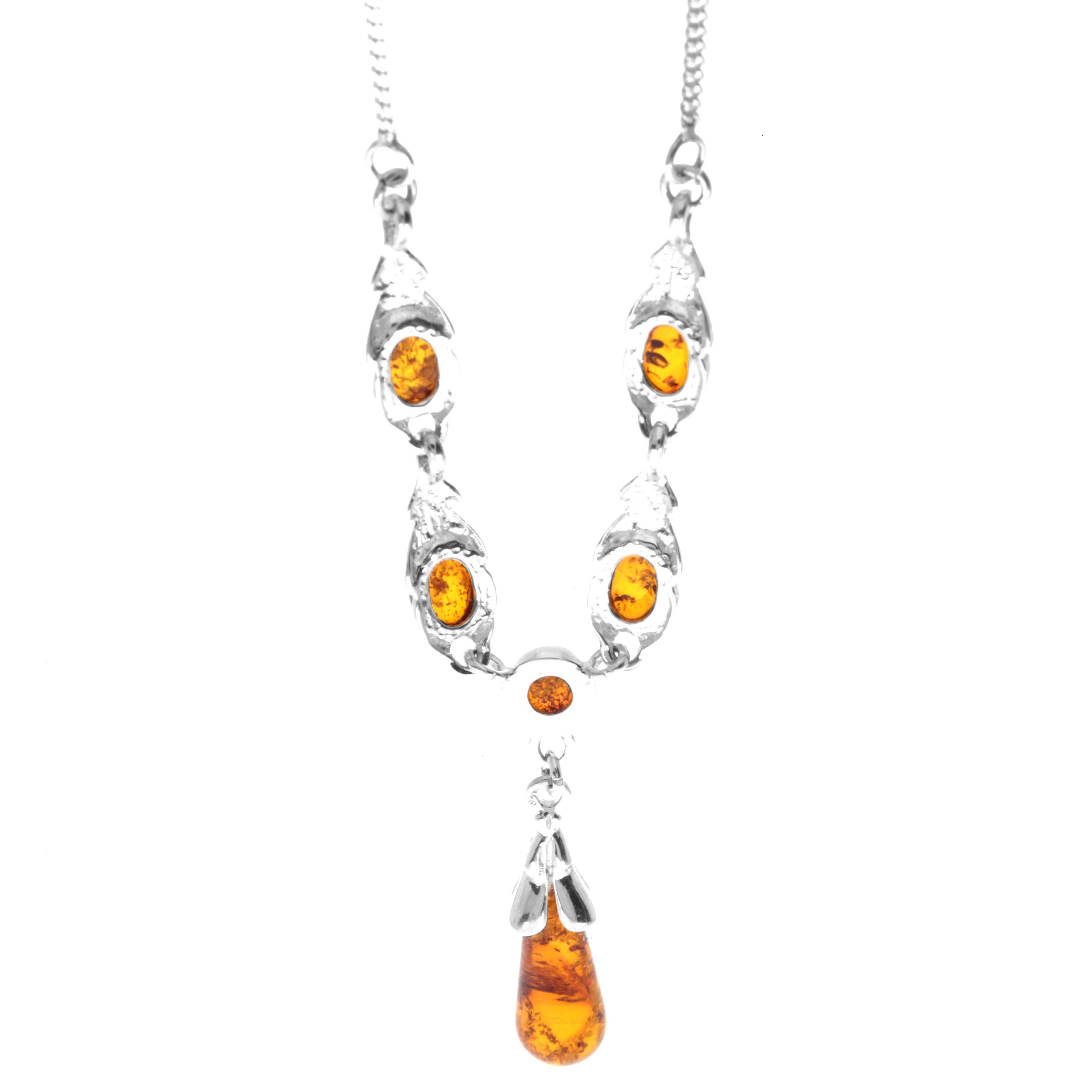 925 Sterling Silver & Genuine Baltic Amber Classic Necklace on Curbs Chain - GL924