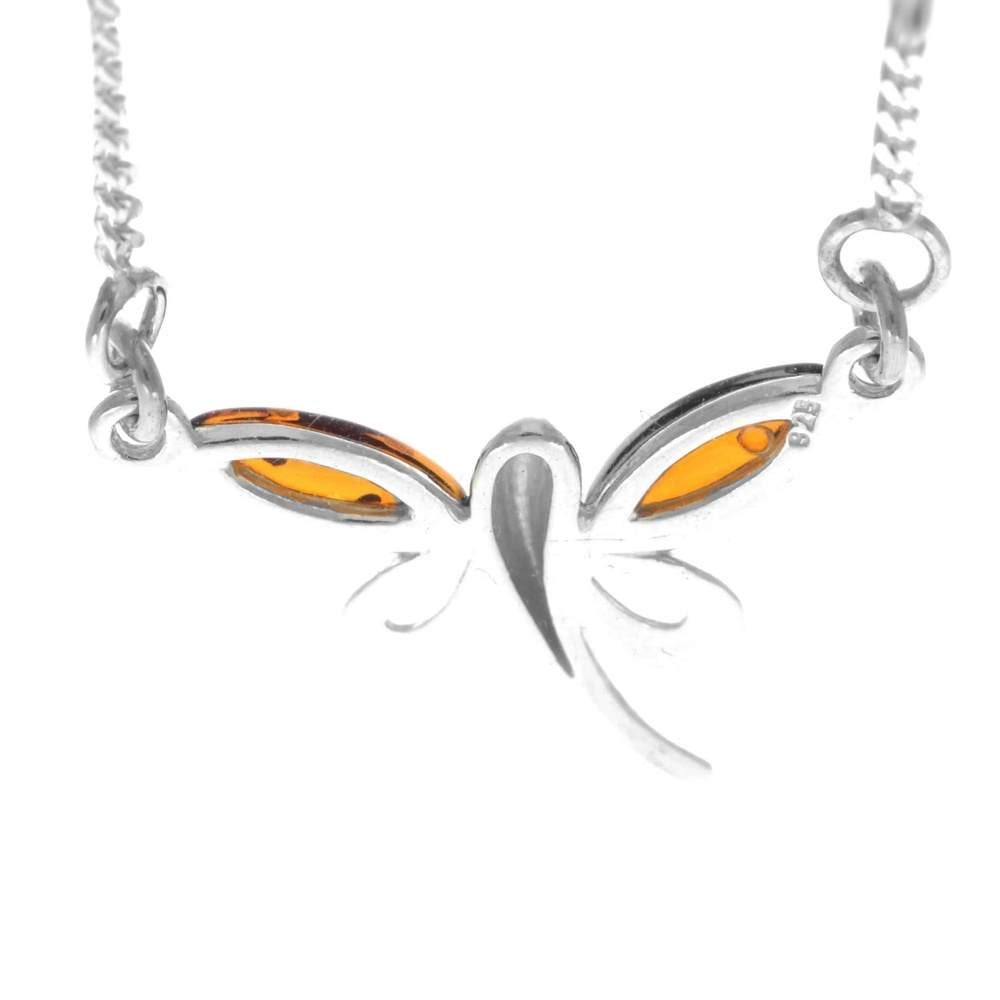 925 Sterling Silver & Genuine Baltic Amber Butterfly Modern Necklace - GL925