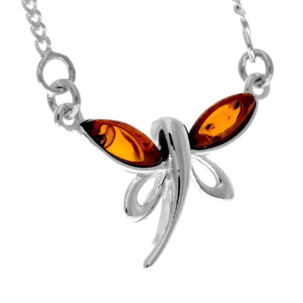 925 Sterling Silver & Genuine Baltic Amber Butterfly Modern Necklace - GL925