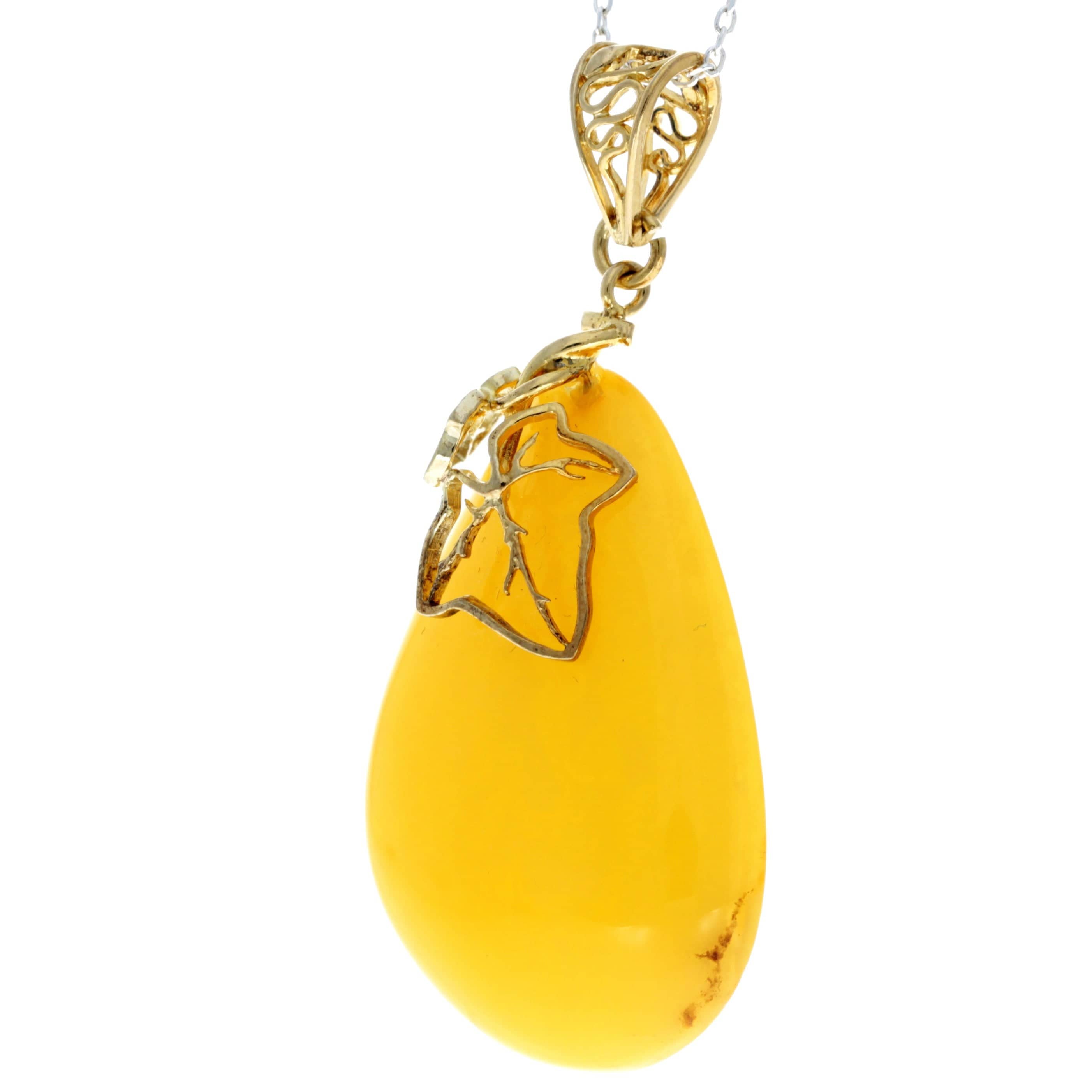 925 Sterling Silver Gold Plated with 14 ct Gold & Genuine Lemon Baltic Amber Exclusive Unique Pendant - GPD001