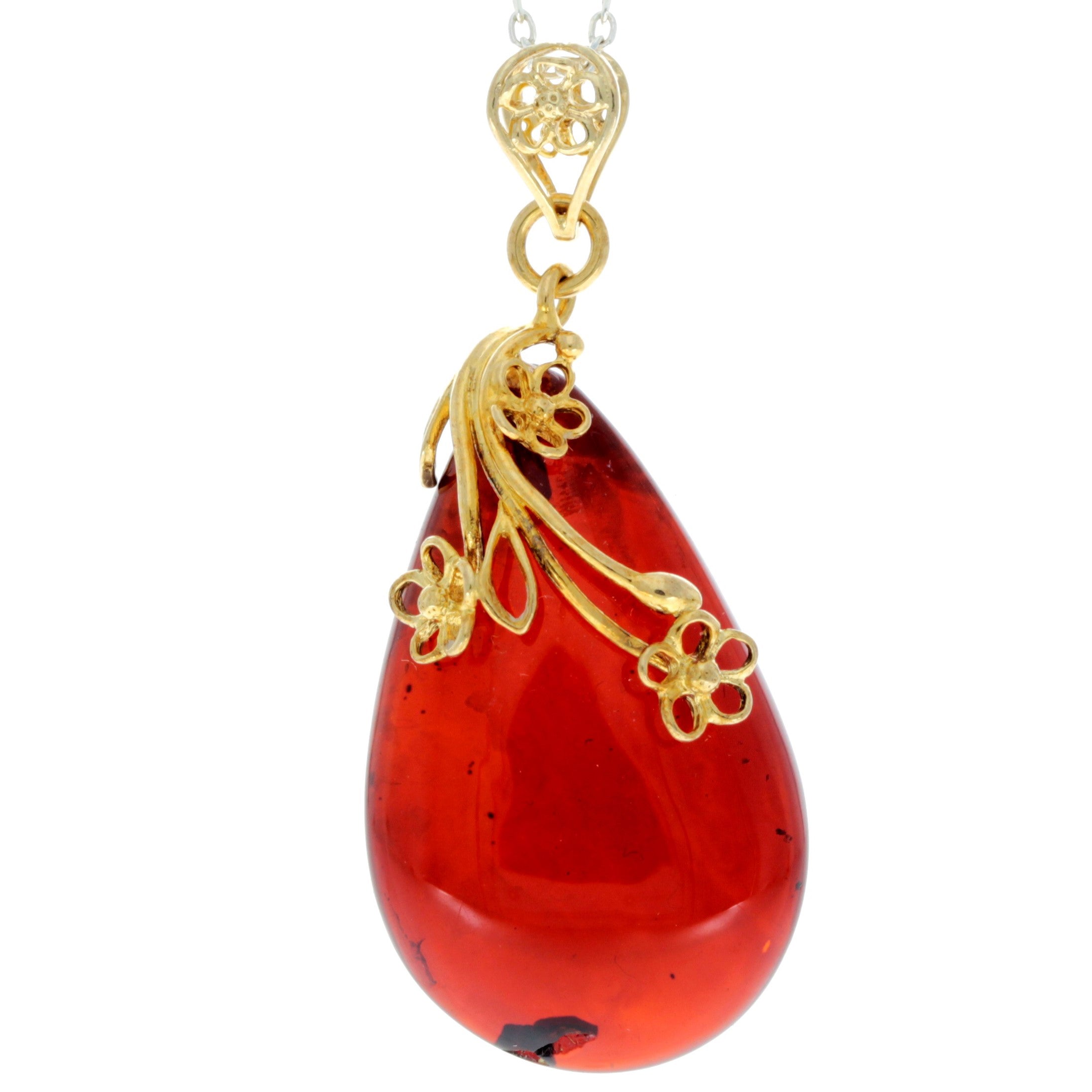 925 Sterling Silver Gold Plated with 14 ct Gold & Genuine Cherry Baltic Amber Exclusive Unique Pendant - GPD004