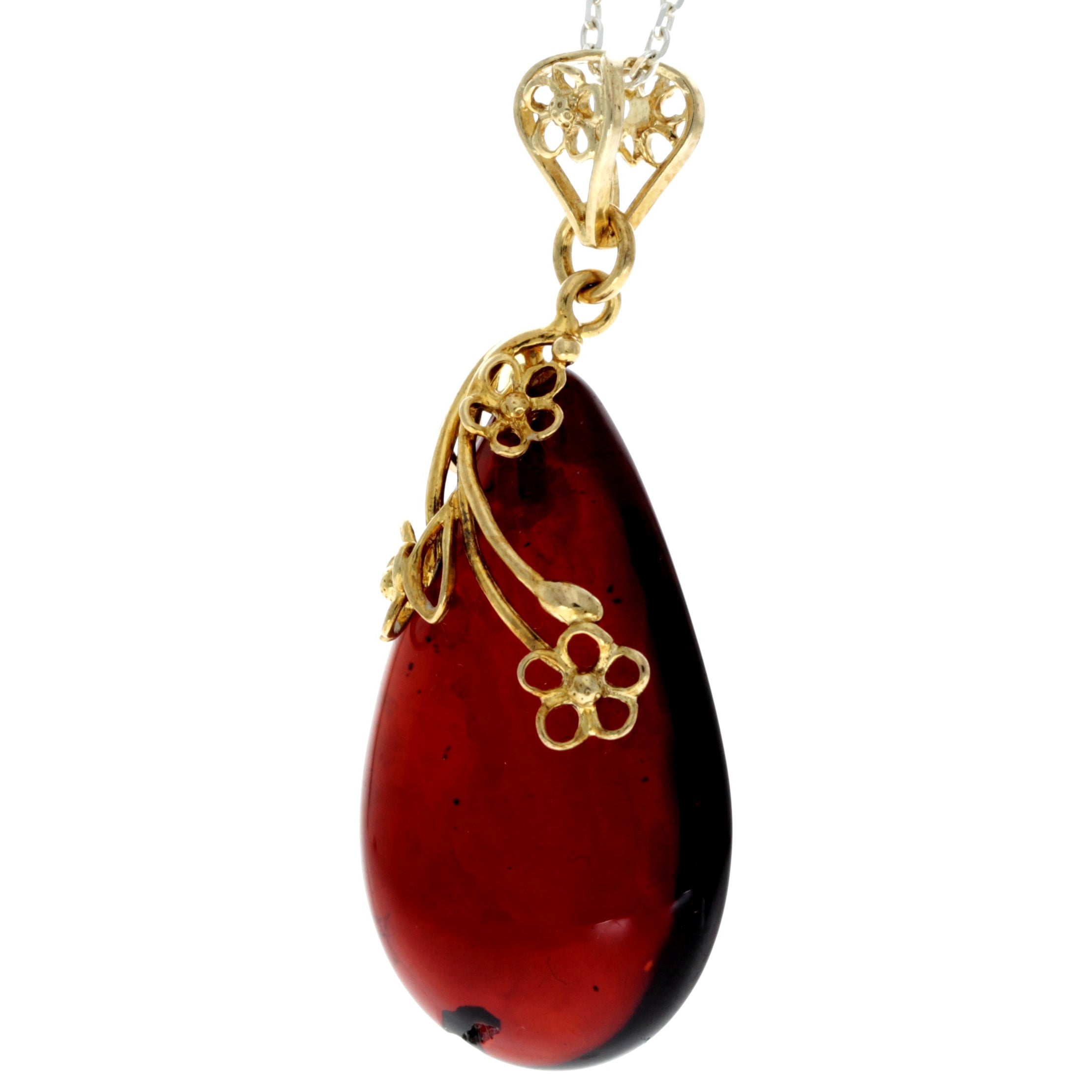 925 Sterling Silver Gold Plated with 14 ct Gold & Genuine Cherry Baltic Amber Exclusive Unique Pendant - GPD004