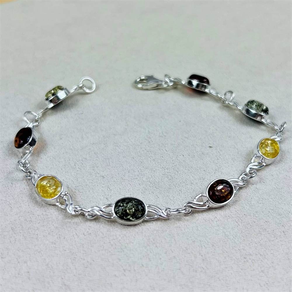 925 Sterling Silver & Genuine Baltic Amber Bracelet Link 21.5 cm - 3178