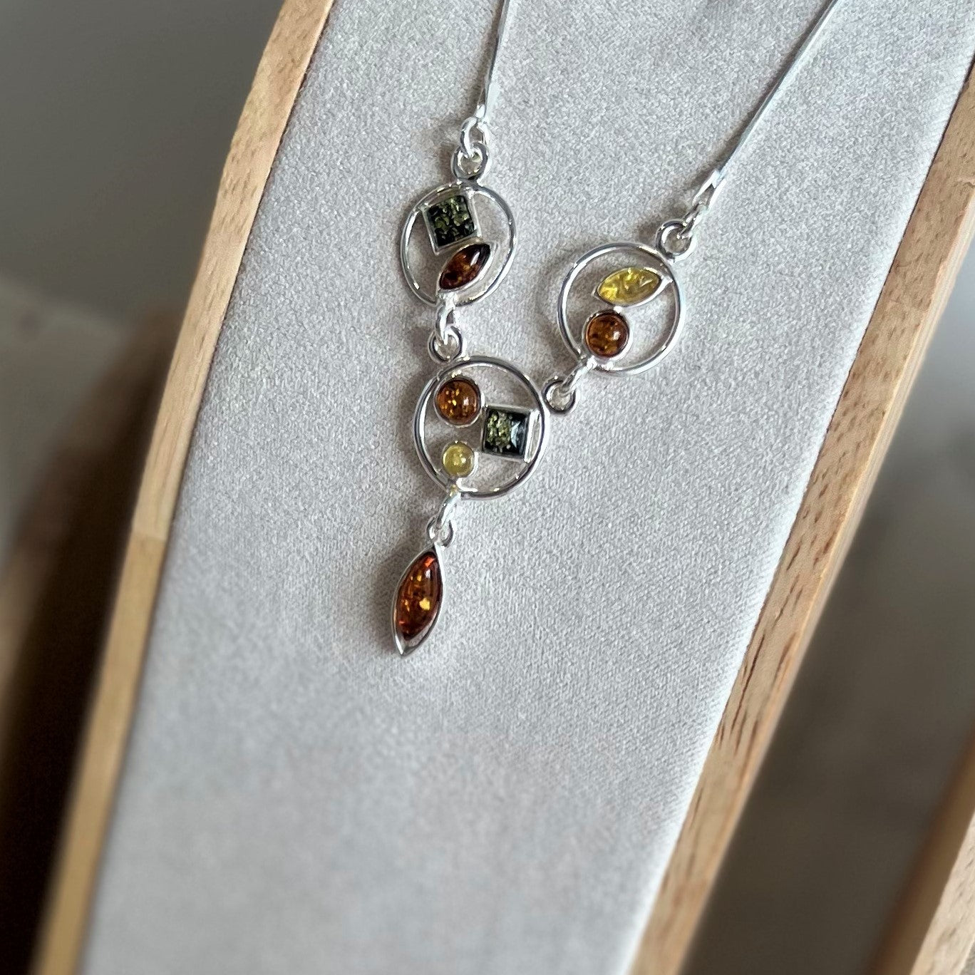 925 Sterling Silver & Genuine Baltic Amber Multi Stones Modern Necklace - M912