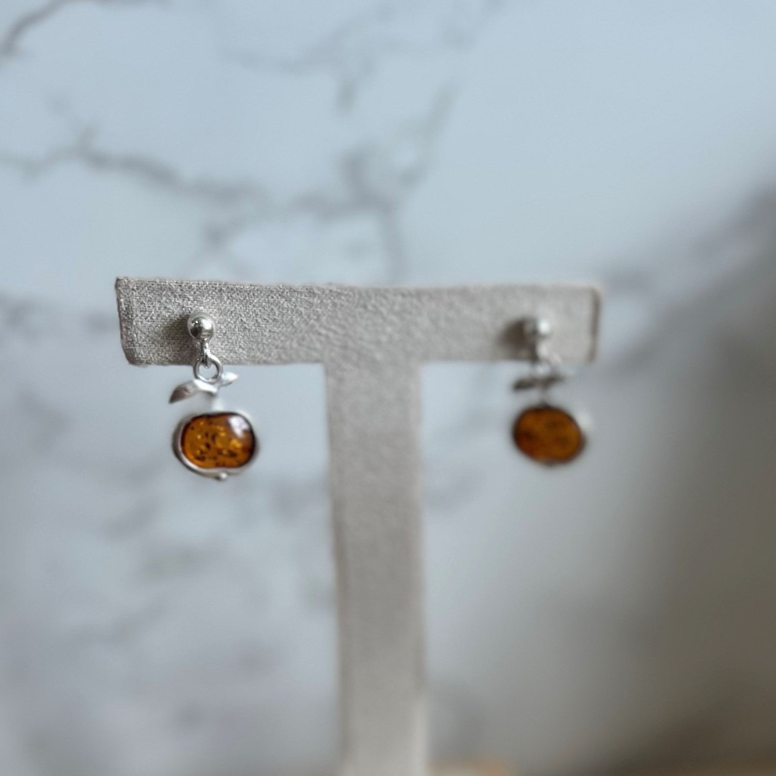 925 Sterling silver & Genuine Baltic Amber Modern Drop Apple Earrings - AB001C