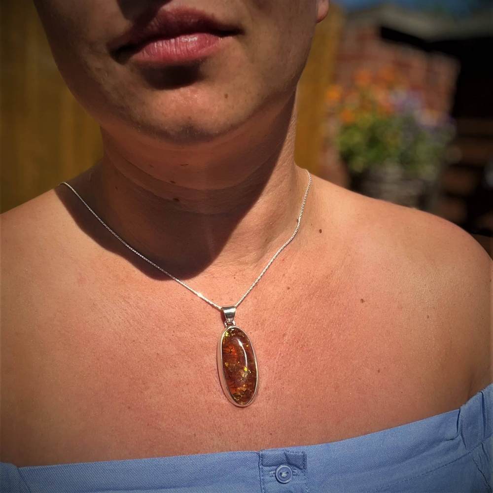 925 Sterling Silver & Genuine Cognac Baltic Amber Exlusive Unique Pendant - PD2256