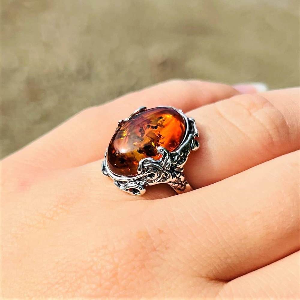 925 Sterling Silver & Baltic Amber Large Art Deco Oval Ring - 7006