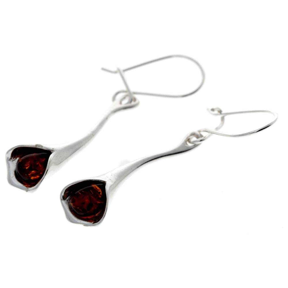 925 Sterling Silver & Genuine Baltic Amber Modern Drop Earrings - K048