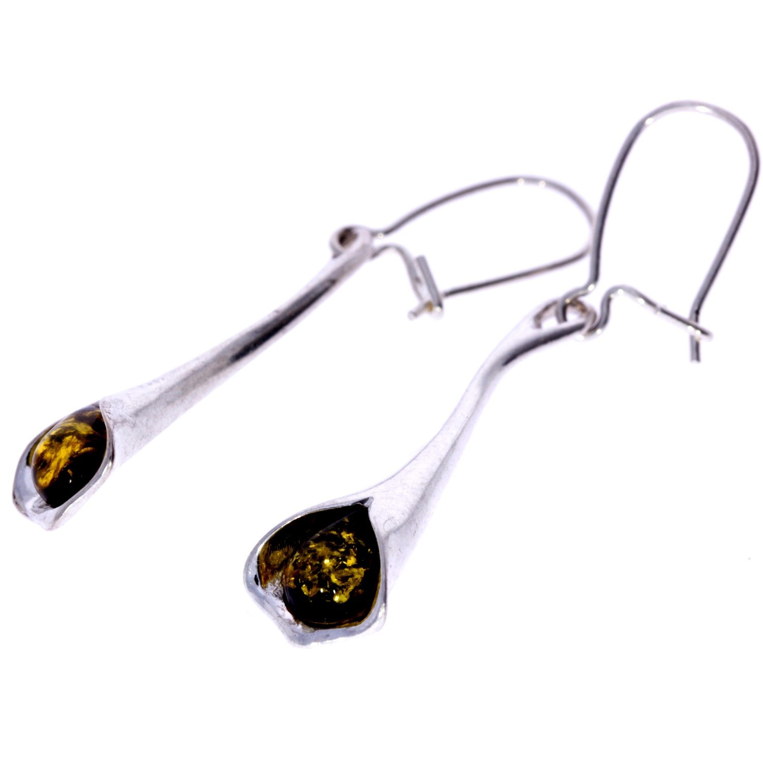 925 Sterling Silver & Genuine Baltic Amber Modern Drop Earrings - K048