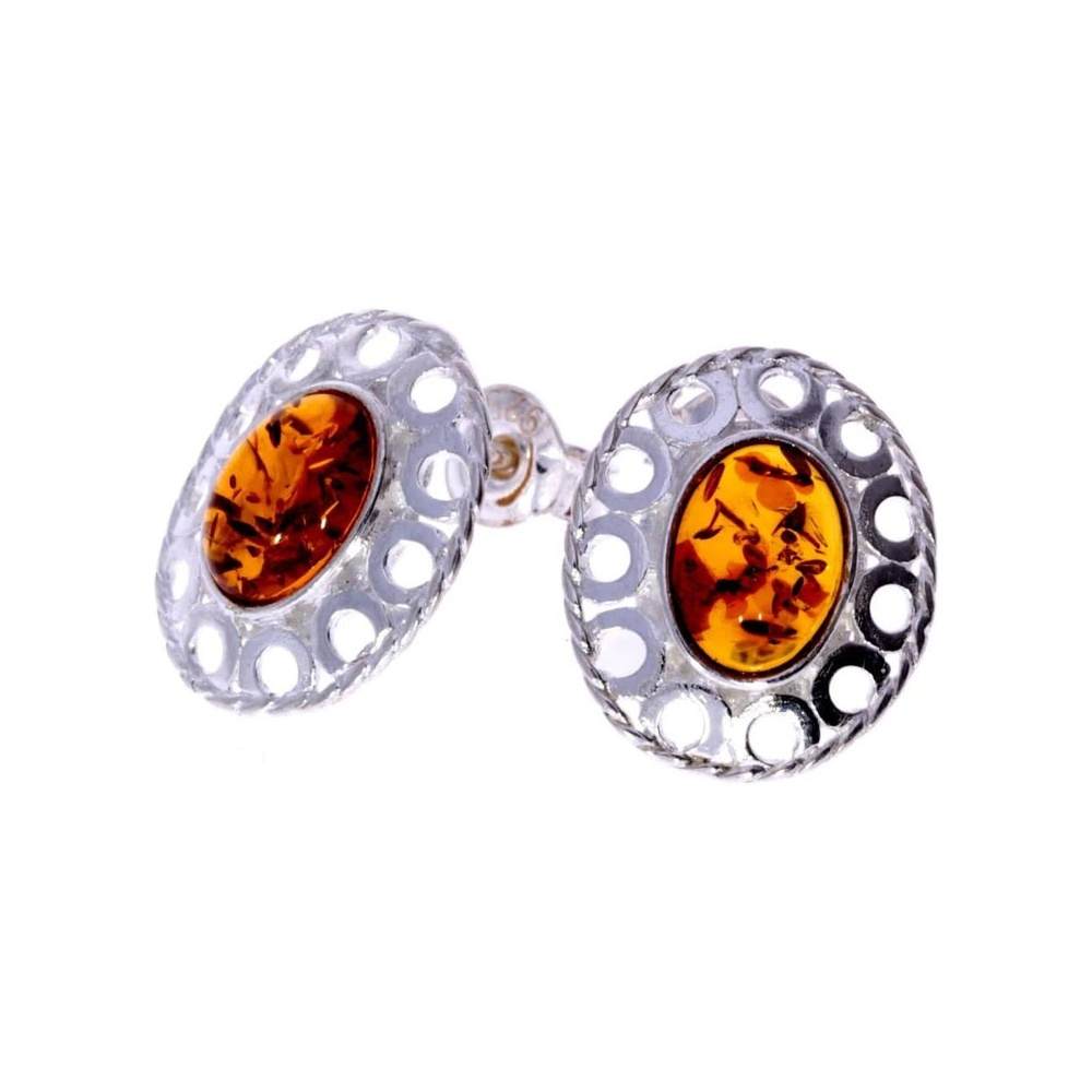925 Sterling Silver & Genuine Baltic Amber Classic Oval Studs Earrings - K172